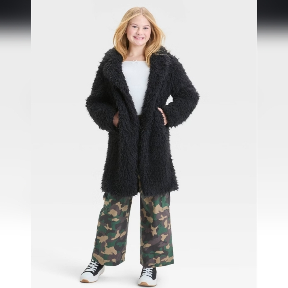 Girls' Long Faux Fur Jacket - art class Black L